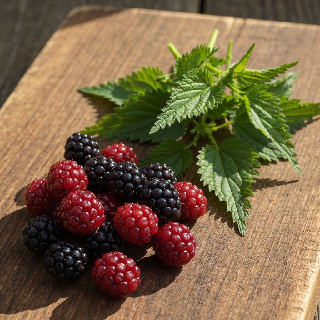 Fresh wild berries and foraged greens representing natural energy sources
